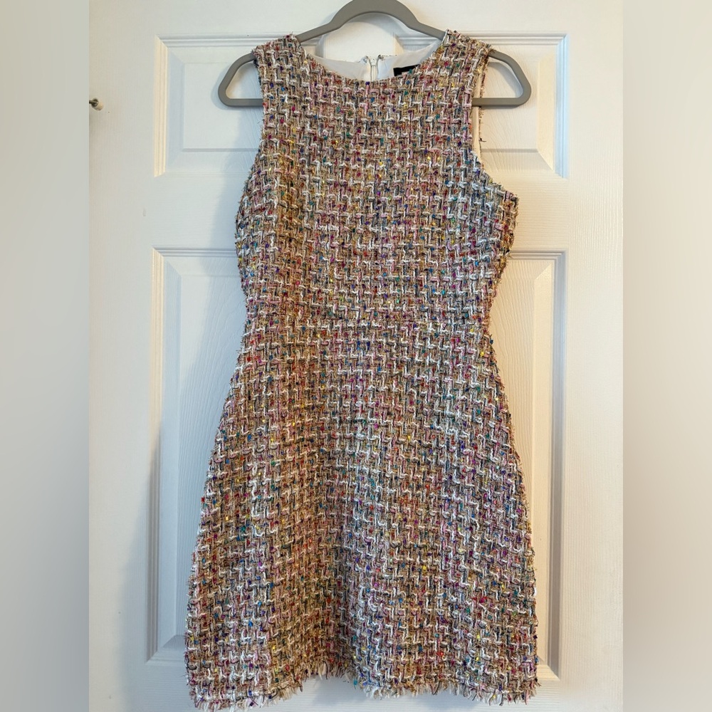 Alexia Admor Multicolor Tweed Sheath Dress Metallic Fringe Hem Career Party Sz 4
